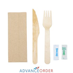 Wooden Meal Pack Fork/Knife/Salt/Pepper Kraft Napkin 2ply 1x250